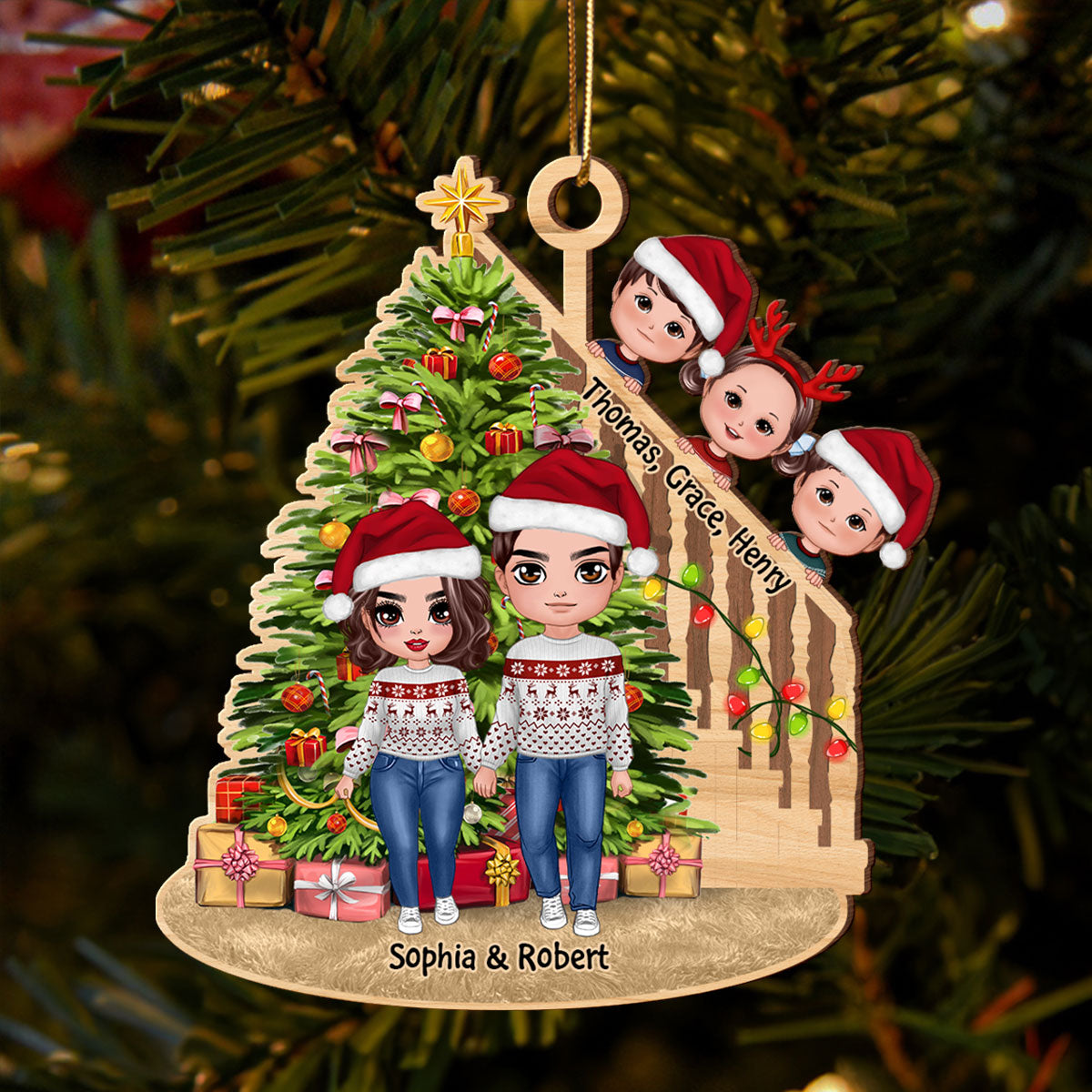 Christmas Tree And Stair Doll Family Personalized Wooden Ornament