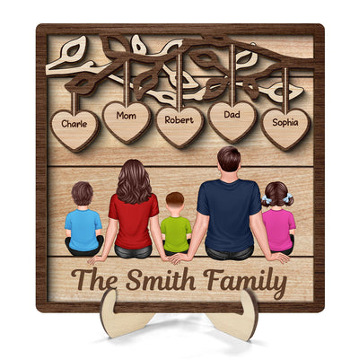 Family Dad Mom Kids Dogs Cats Under Tree Personalized 2-Layer Wooden Plaque