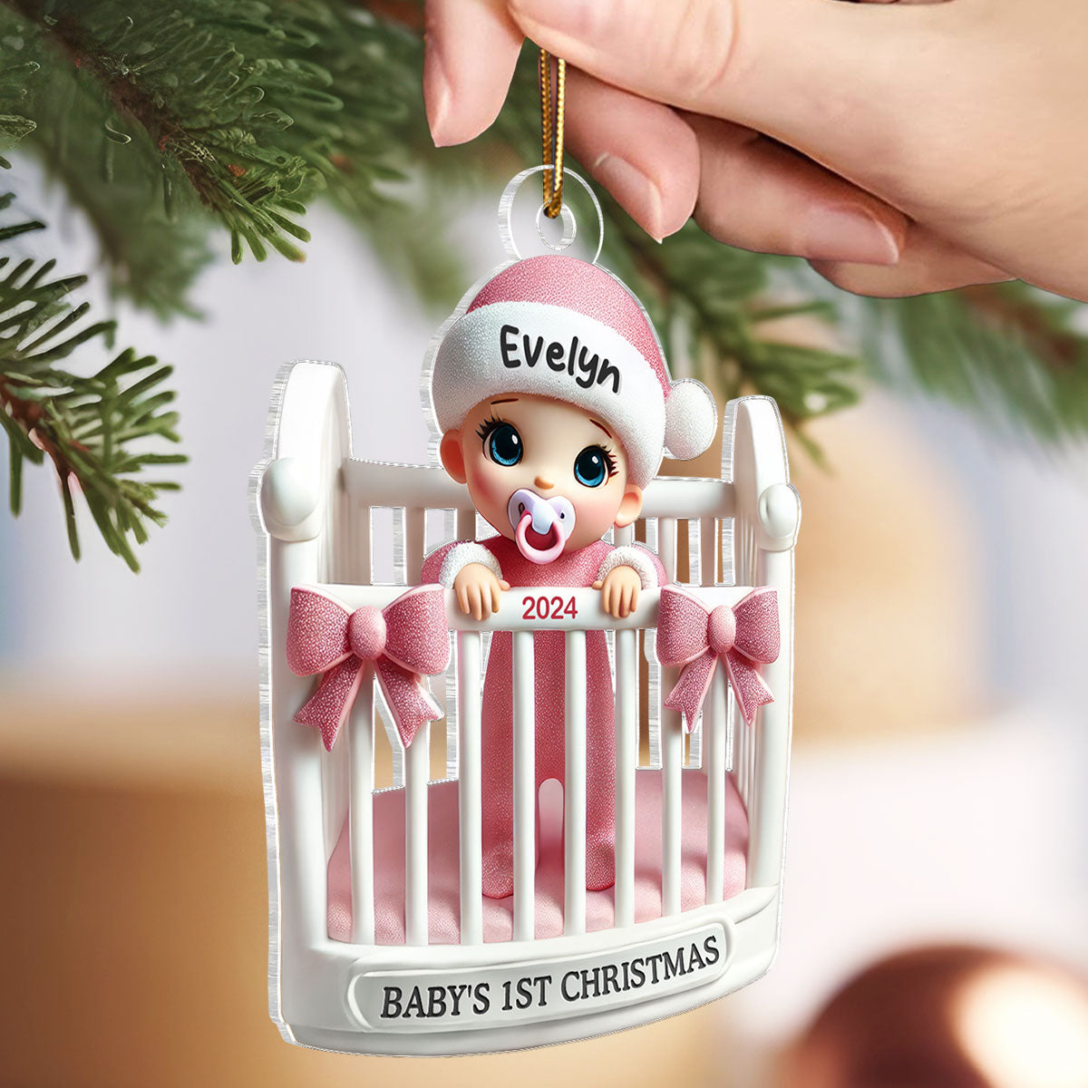 Baby Inside Crib 3D Effect Baby's First Christmas Personalized Acrylic Flat Ornament