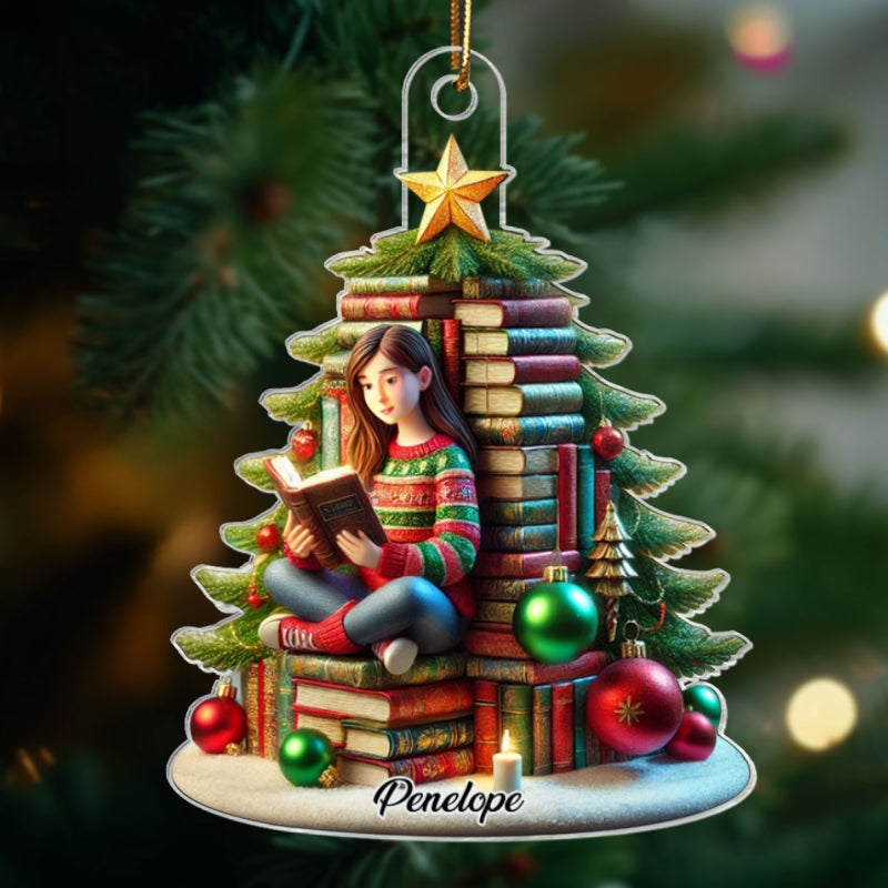 Book Christmas Tree Girl Sitting Acrylic Ornament, Personalized Book Christmas Tree Ornament, Christmas Gift For Book Lovers