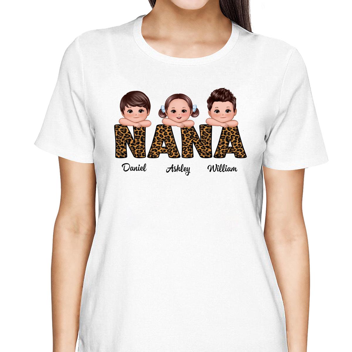 Leopard Pattern Grandma Mom Auntie Doll Kids On Hand Personalized Shirt