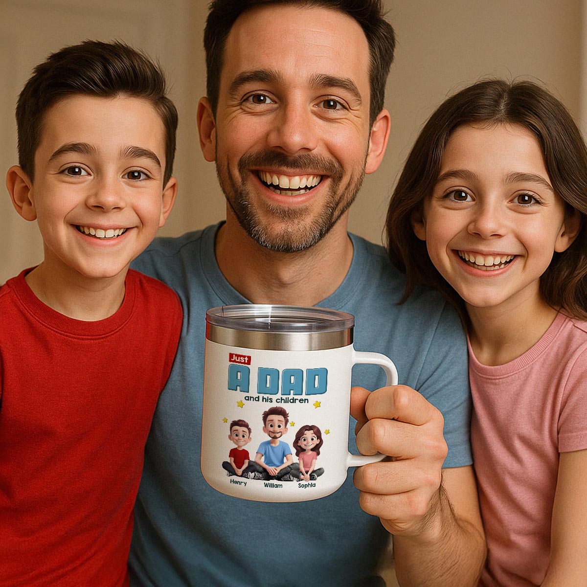 Just A Dad And His Kids Cartoon Funny Style Personalized Stainless Steel Tumbler With Handle, Gift For Dad