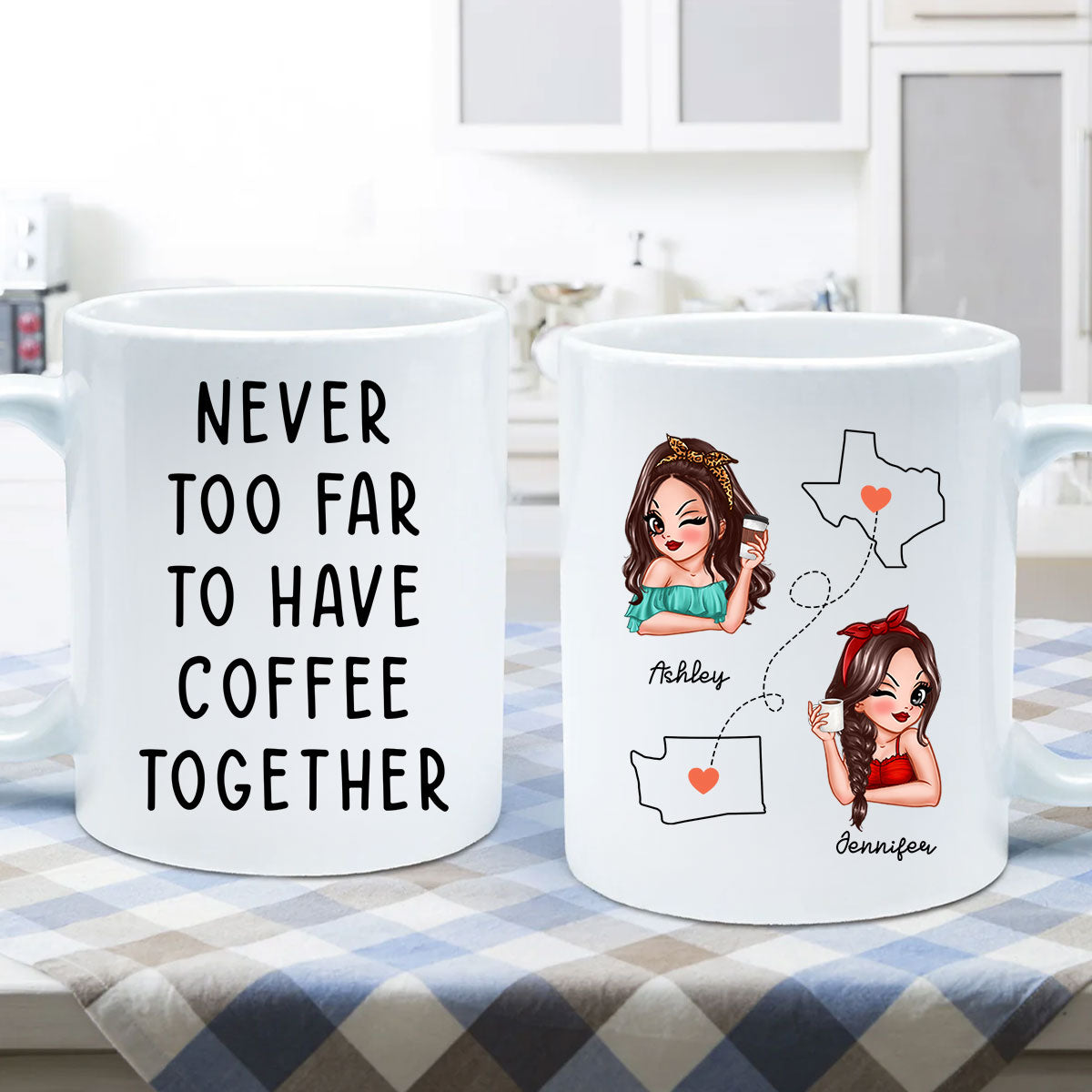 Never Too Far To Have Coffee Together, Long Distance State To State Gift Mug, Personalized Long Distance Friendship Gift