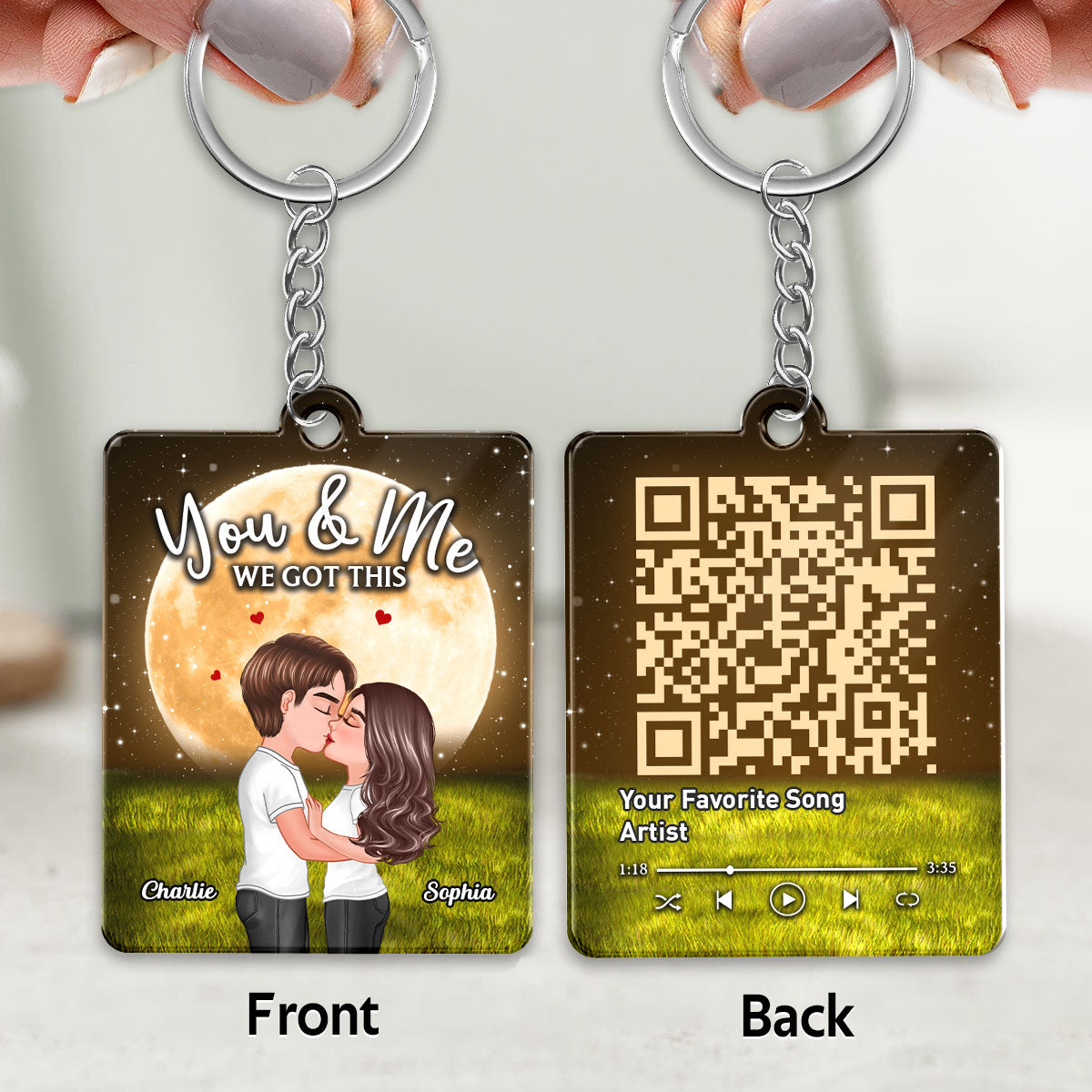 Doll Couple Kissing Big Moon Favorite Song QR Code Personalized Acrylic Keychain