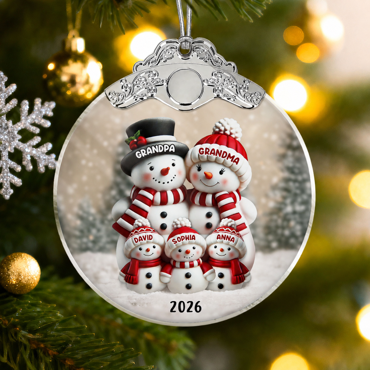 3D Effect Cute Snowman - Personalized Glass Ornament With Silver Cap - Christmas Decor For Family, Grandma, Grandpa