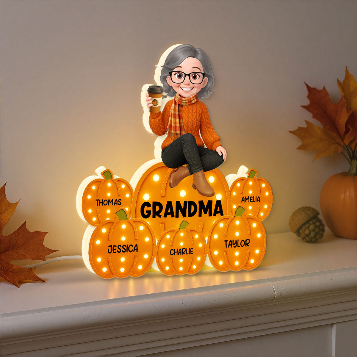 Fall Season Grandma Sitting On Marquee Pattern Texture Pumpkins Personalized LED Light Box, Cozy Grandma's Home Decoration