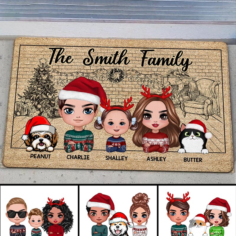 Christmas Sketch Background Family Dad Mom Kids Dogs Cats Personalized Doormat
