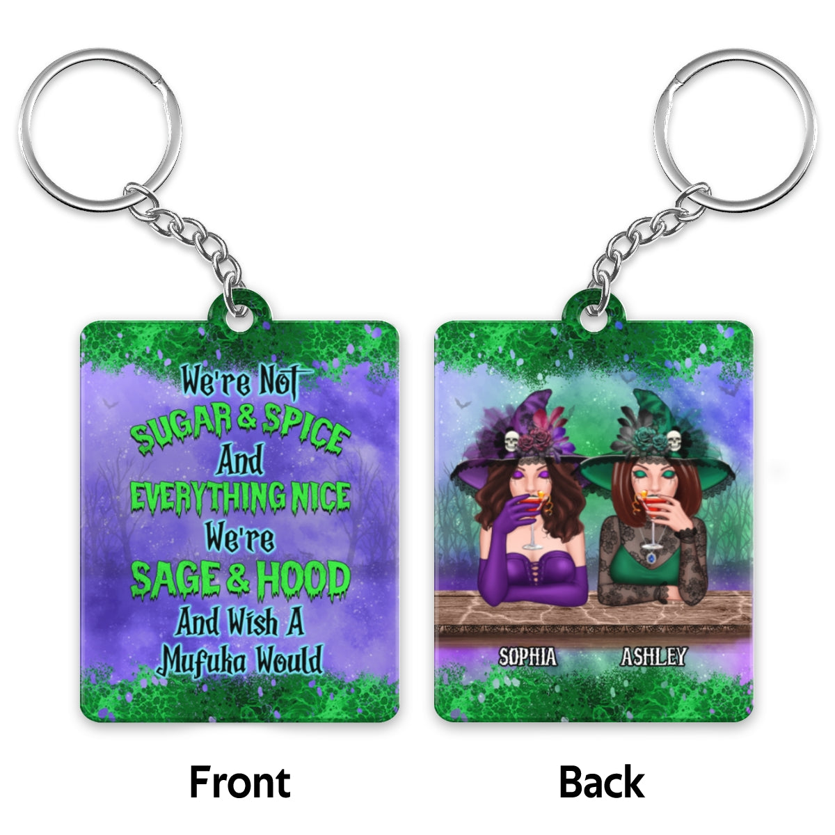 Green And Purple Halloween Besties Sisters Personalized Acrylic Keychain
