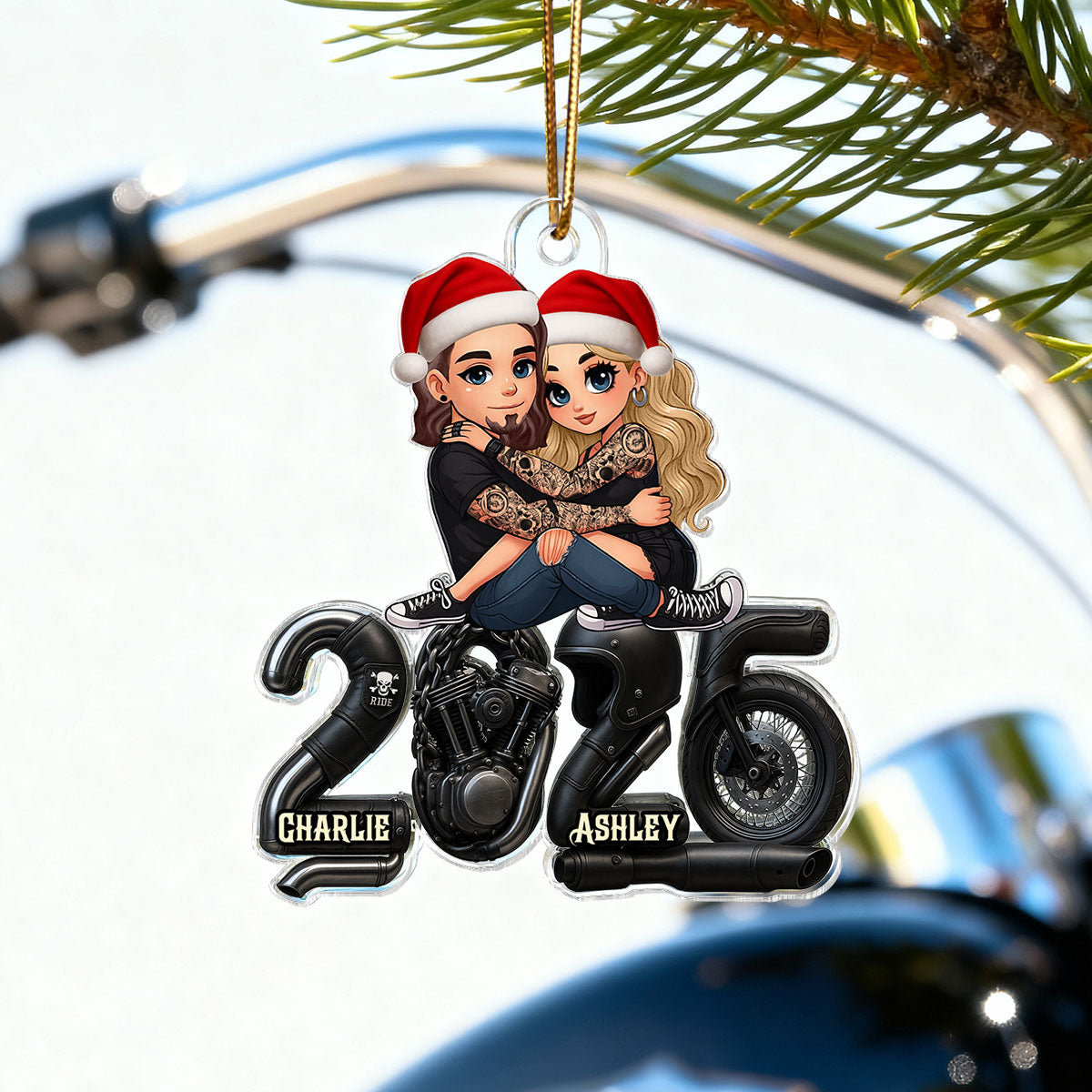 3D Effect Biker Couple- Personalized Acrylic Car Hanger- Gift For Bikers, Gift For Him, For Her