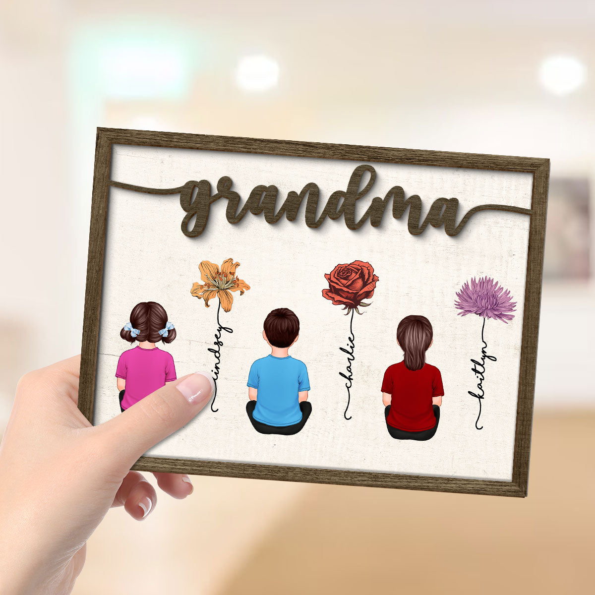 Grandkids Sitting Grandma Garden Vintage Birth Month Flowers Personalized 2-Layer Wooden Plaque
