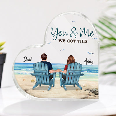 Back View Couple Sitting Beach Landscape Personalized Heart Acrylic Plaque
