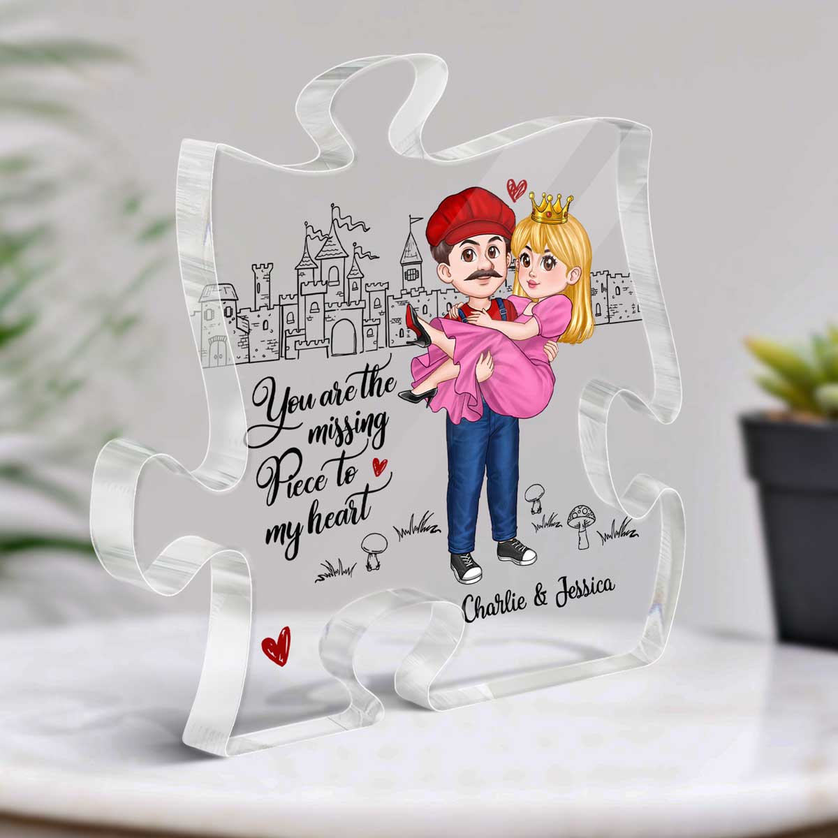 My Missing Piece Man Carrying Woman Cartoon Couple Personalized Puzzle Plaque