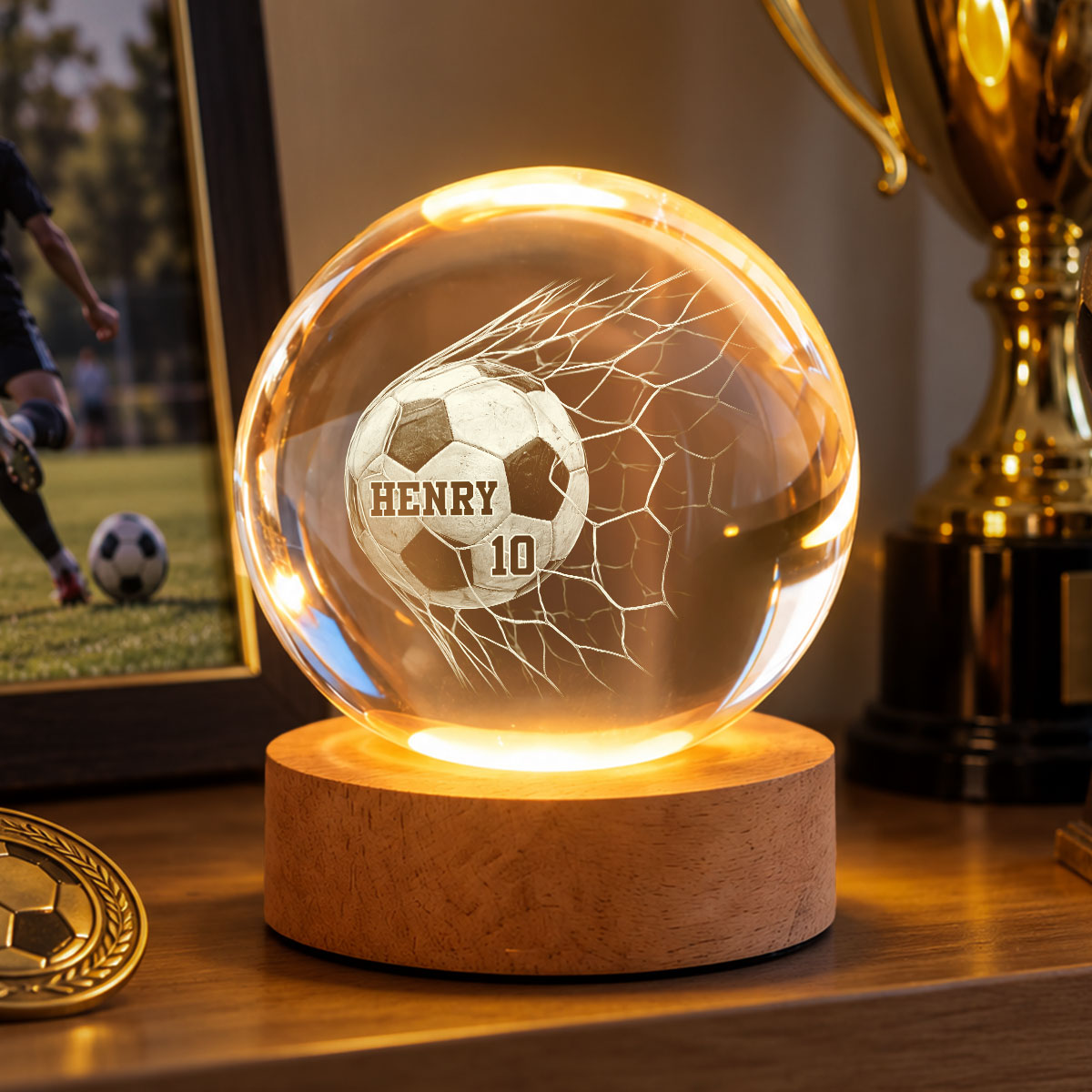 Proud Soccer Player Custom Name And Number - Personalized Crystal Ball - Christmas Gift For Teenagers, Soccer Players, Soccer Lovers, Daughter, Granddaughter, Son, Grandson
