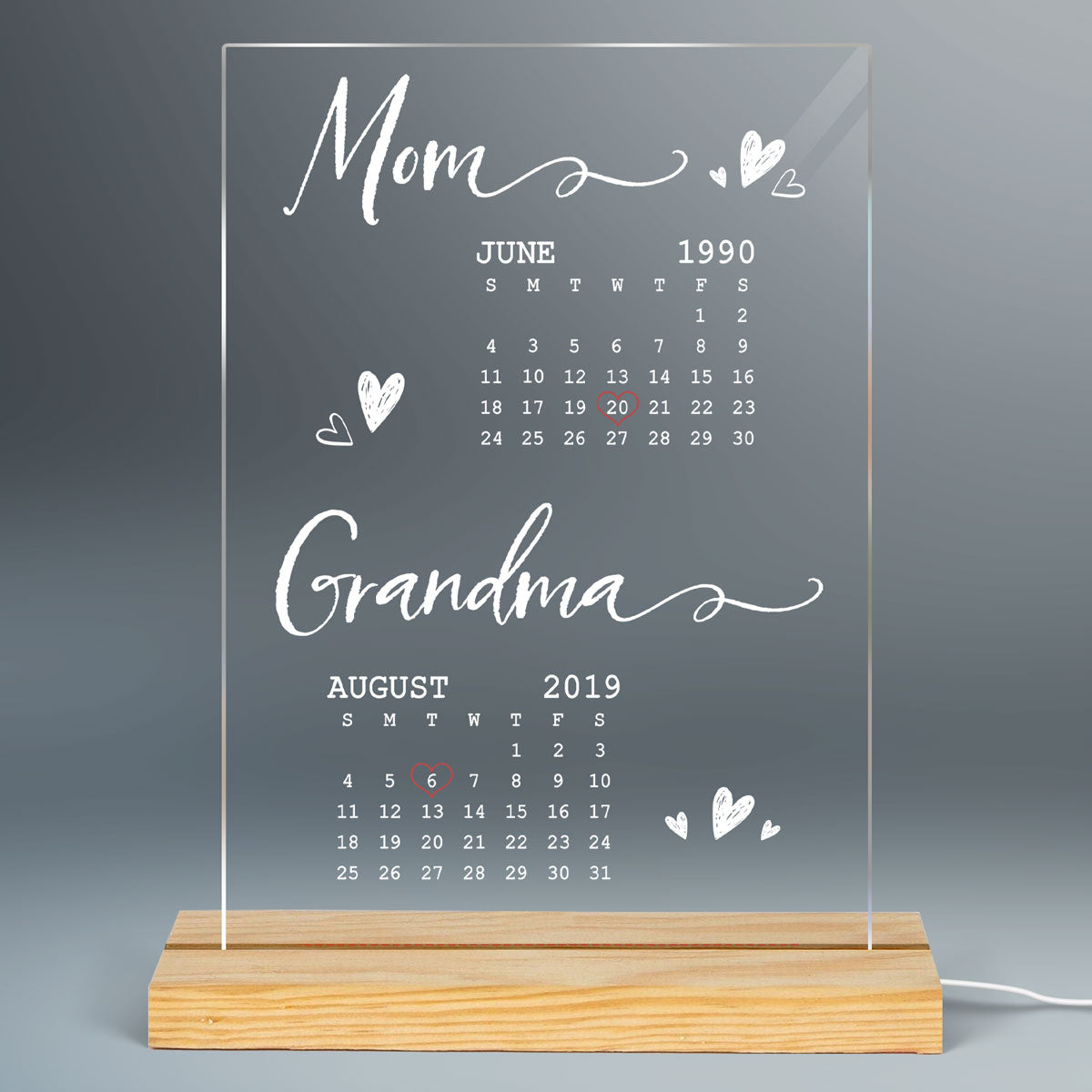 Mom Grandma Est Calendar Personalized Rectangle Acrylic LED Night Light