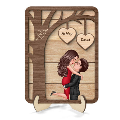 Couple Hugging Kissing Under Tree Valentine‘s Gift For Him For Her Personalized 2-Layer Wooden Plaque