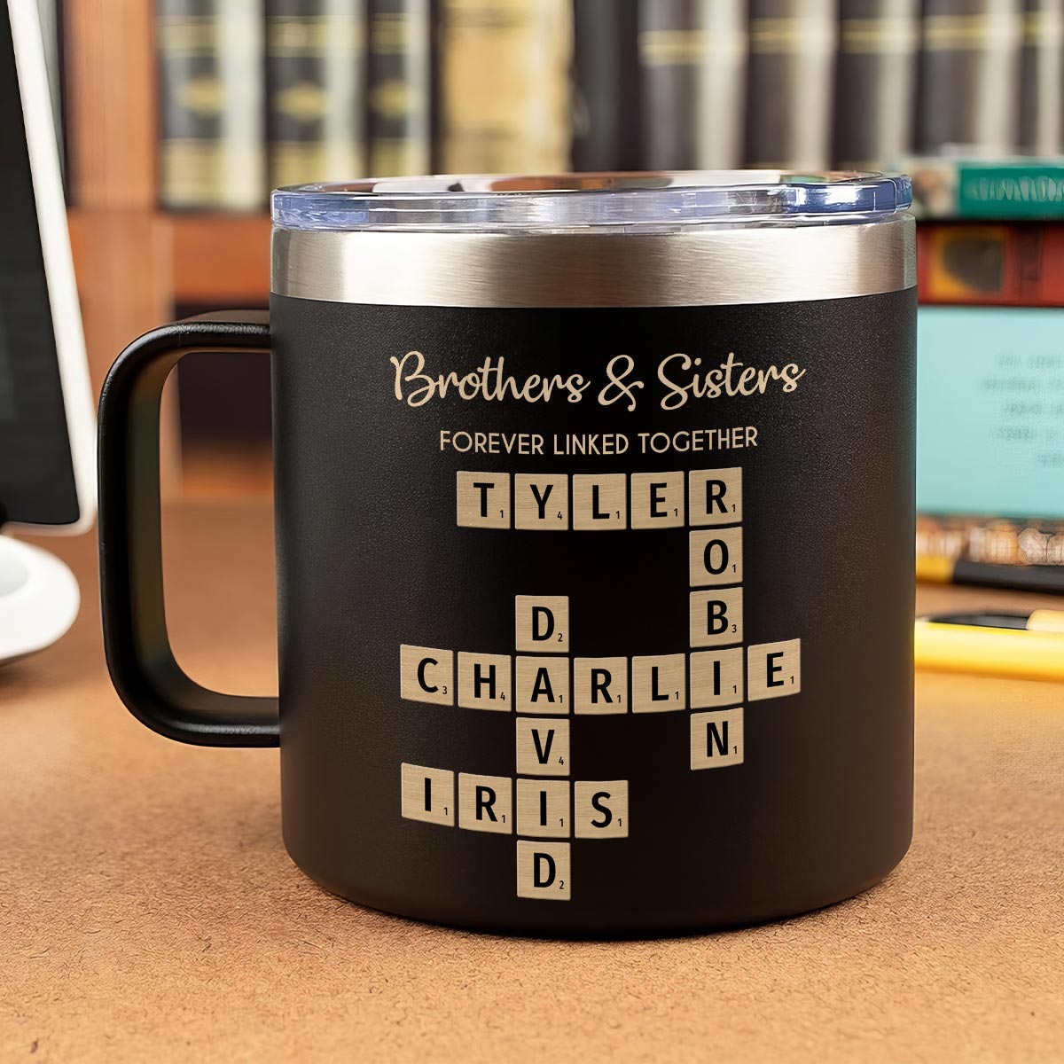Brothers & Sisters Forever Linked Together Crossword Puzzle Art Personalized Stainless Steel Tumbler With Handle