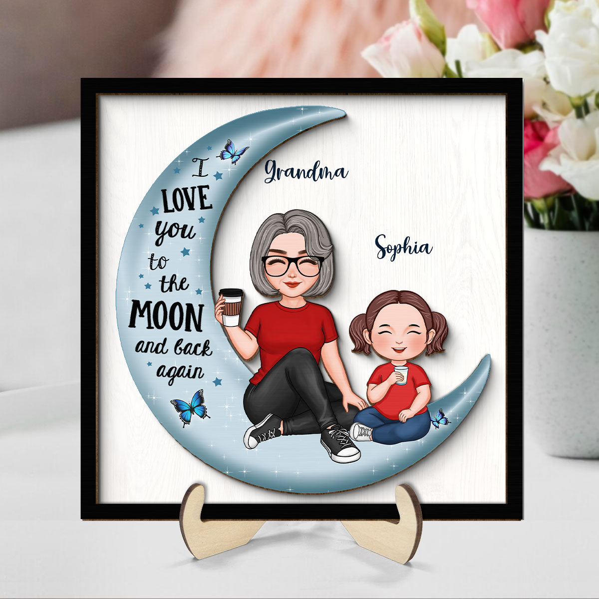 Cute Grandma & Grandkid On Moon Gift For Granddaughter Grandson Grandma Personalized 2-Layer Wooden Plaque