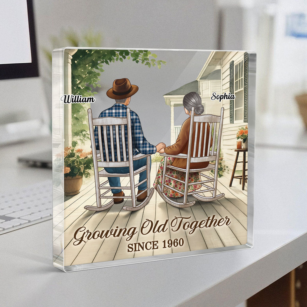 Old Couple Sitting On The Porch Personalized Square Acrylic Block Plaque, Heartfelt Gift For Couple, For Him, For Her, Husband, Wife