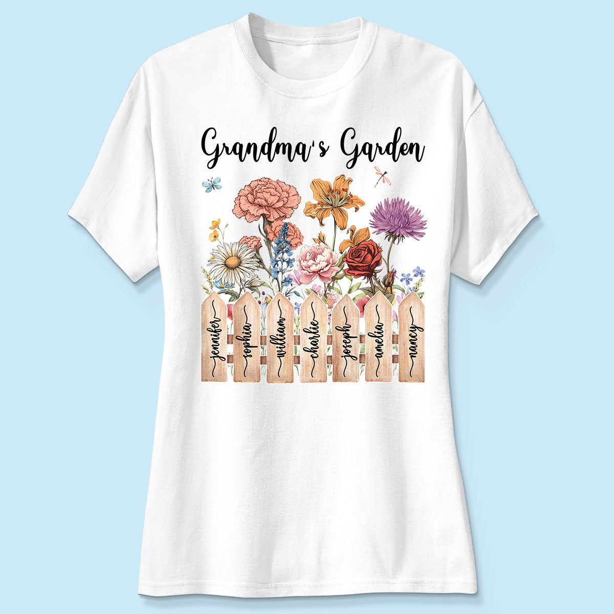 Grandma Birth Month Flower Garden Grandkids Names On Fence Personalized Shirt, Mother's Day gift for Mom, for Grandma