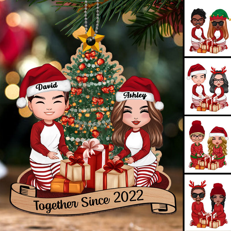 Doll Couple Decorating Christmas Tree Personalized Wooden Ornament