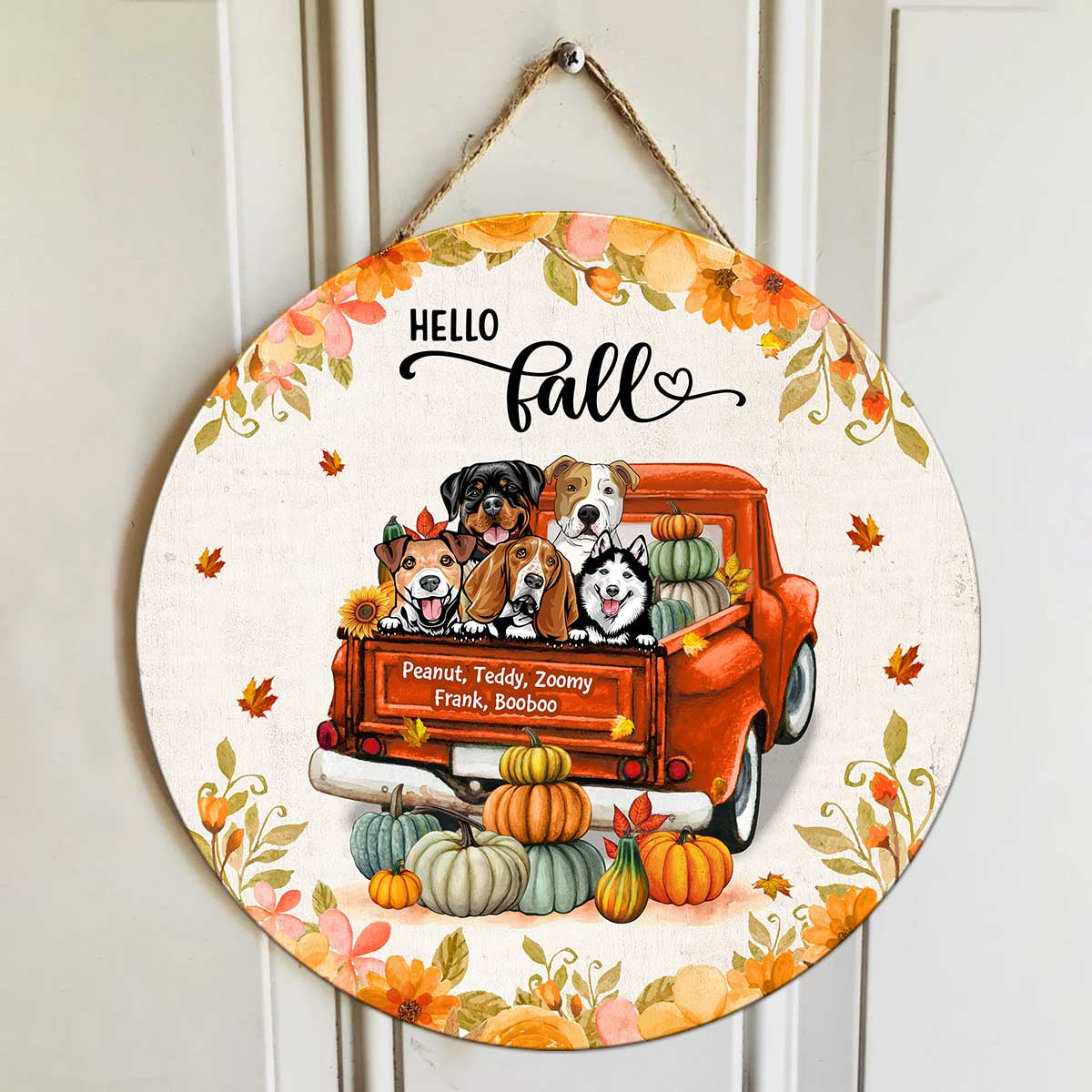 Hello Fall Dogs On Truck Personalized Wooden Door Sign