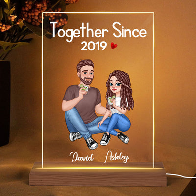 Cartoon Couple Sitting Together Since Anniversary Gift Personalized Rectangle Acrylic Plaque With LED Night Light