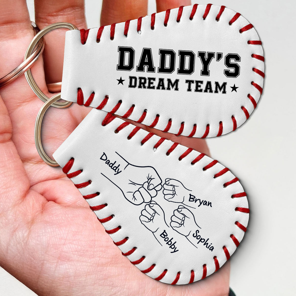 Baseball Family Team Daddy's Team Fist Bumps Personalized Baseball Leather Keychain