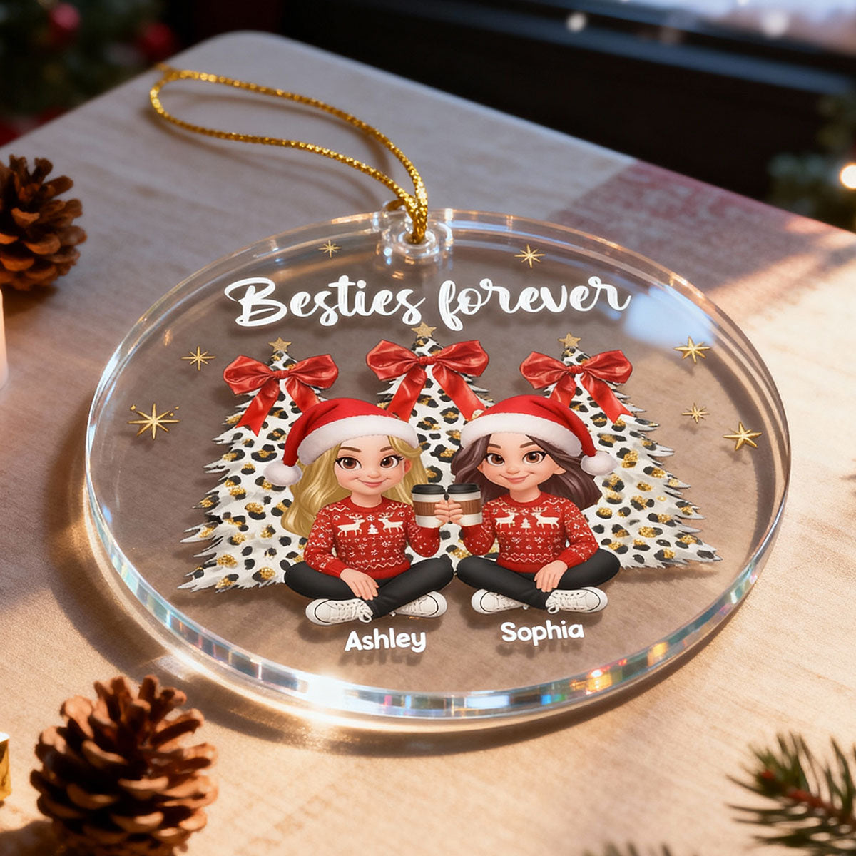 Besties Forever Leopard Coquette Christmas Tree - Personalized Acrylic Ornament