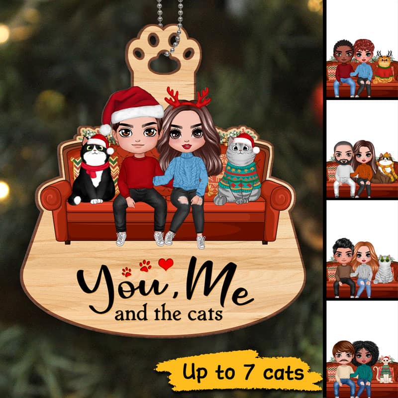 Couple & Cats On Sofa Simple Personalized Wooden Ornament