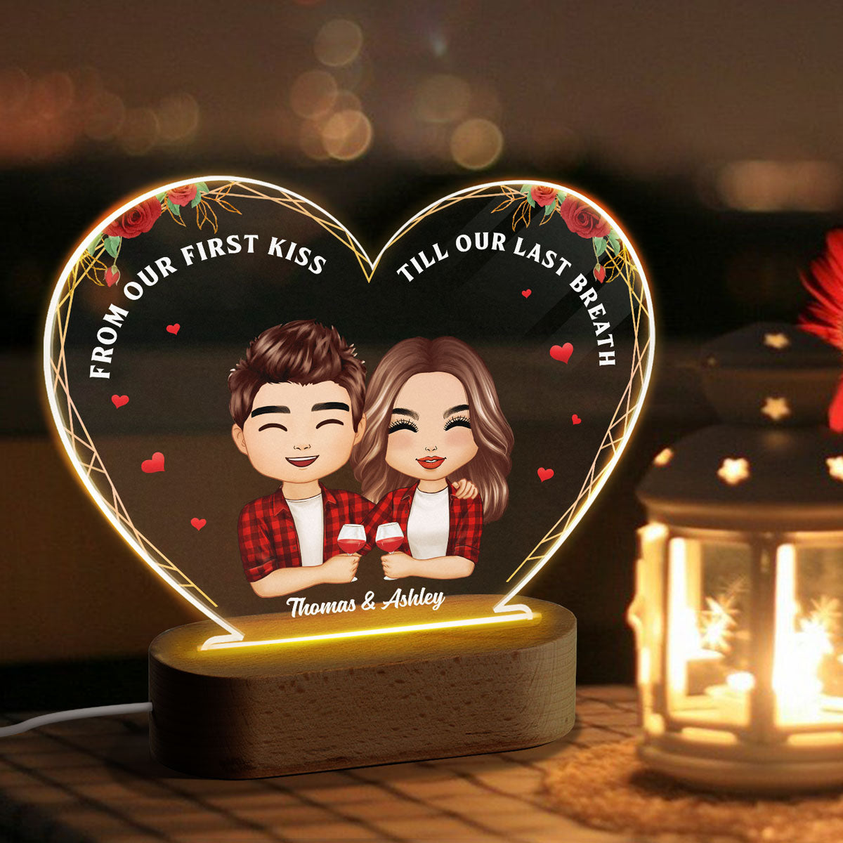 Roses Doll Couple Hugging Holding Drinks Personalized Heart Acrylic Plaque LED Night Light