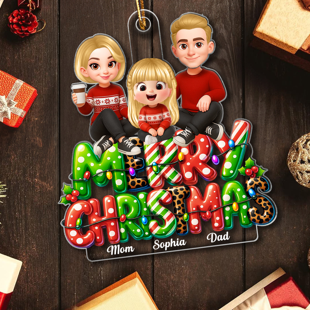 Merry Christmas 2025 Family Sitting on Text Personalized Acrylic Ornament, Christmas Gift for Husband, Wife, Kid