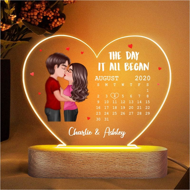 Doll Couple Kissing Calendar Anniversary Date Personalized Acrylic Heart Plaque LED Night Light