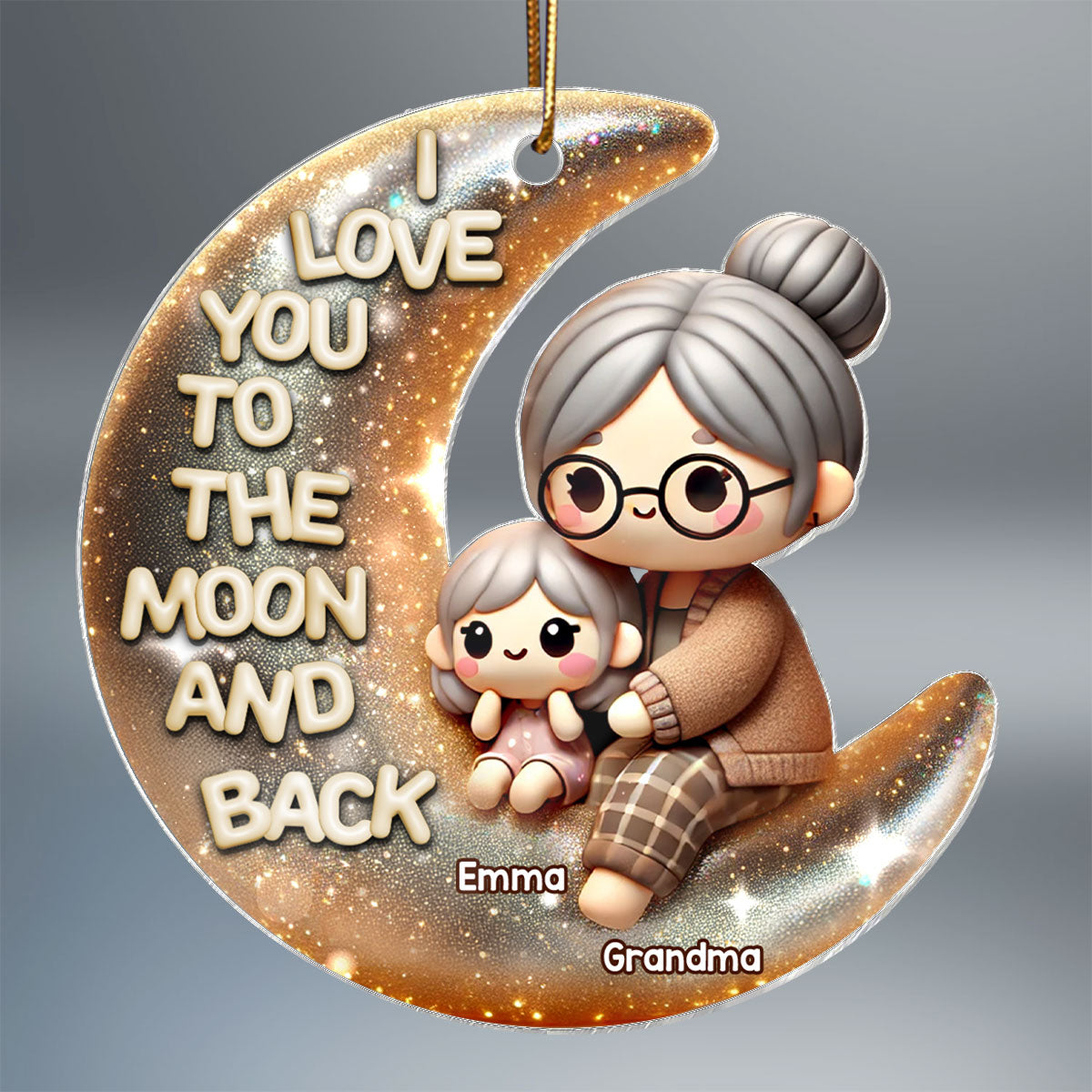 Cute 3D Effect Grandma & Grandkid I Love You To The Moon And Back Personalized Acrylic Ornament, Christmas Gift For Granddaughter, Grandson