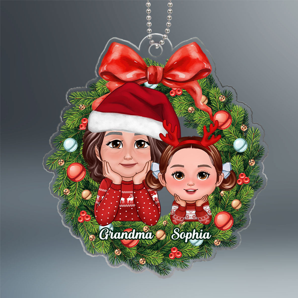 Grandma Grandkids Chin On Hands Christmas Wreath Personalized Acrylic Ornament