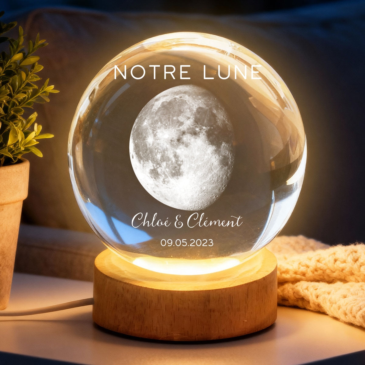 Veilleuse Boule de Cristal LED Personnalisée - Phase de Lune de Votre Jour Spécial - Cadeau pour Couple