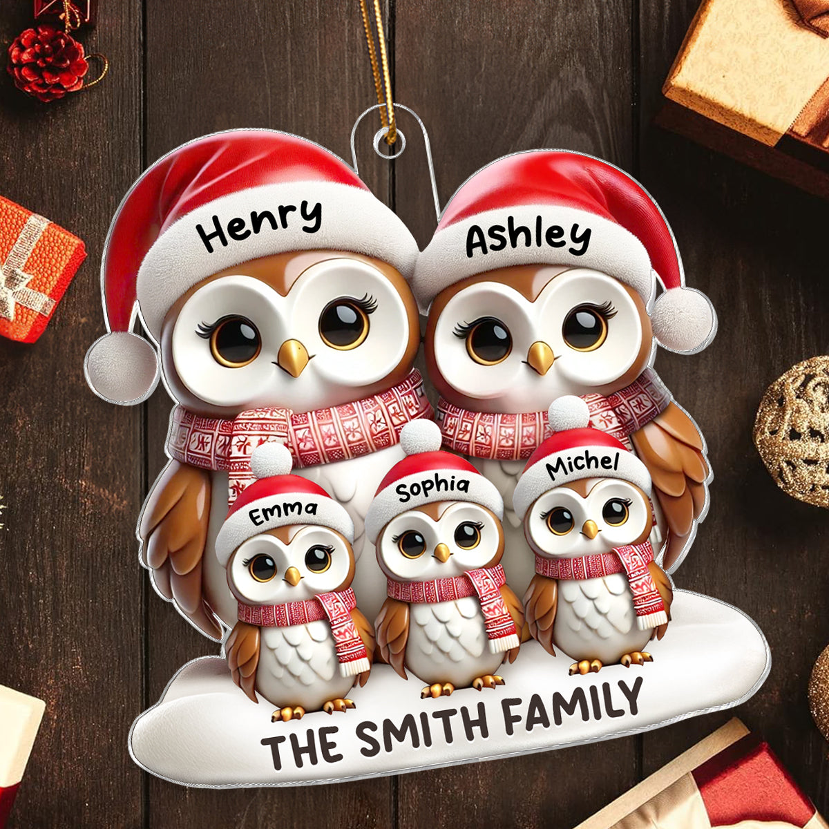 3D Effect Owl Family Christmas Personalized Acrylic Ornament