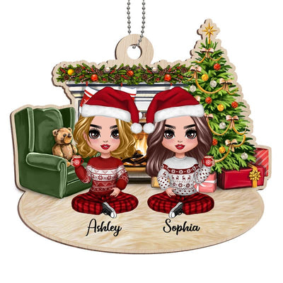 Doll Besties At Fireplace Personalized Wooden Ornament