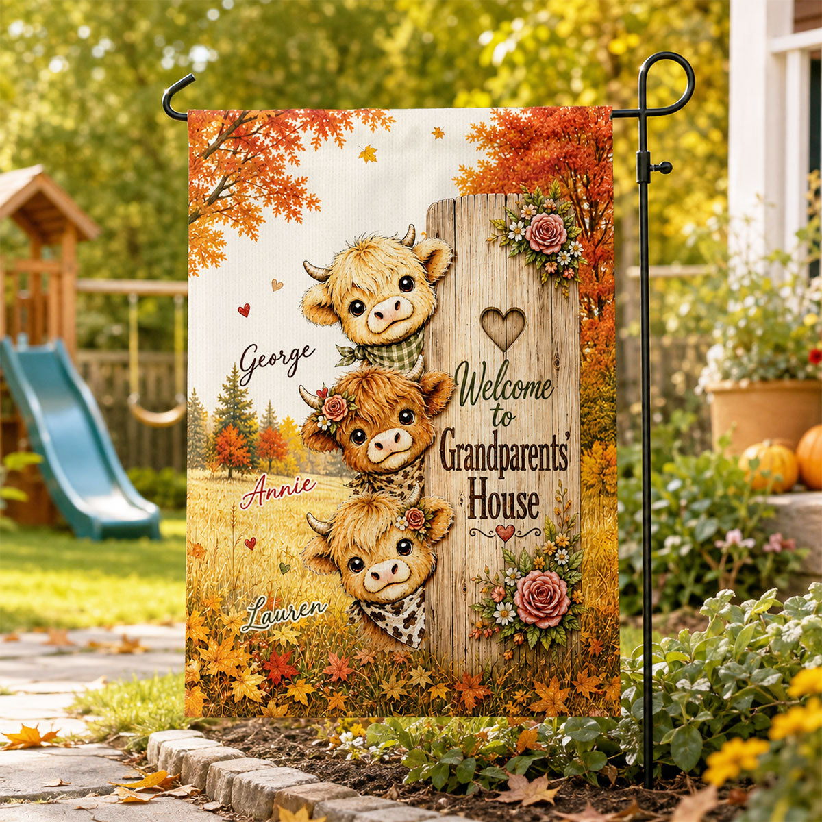 Trending Cute Highland Cow - Personalized Garden Flag - Fall Season Decoration For Grandparents' House