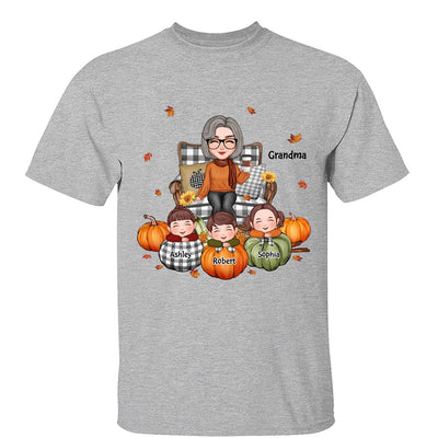 Cute Grandma Grandkids On Chair Kids On Pumpkins Personalized Shirt