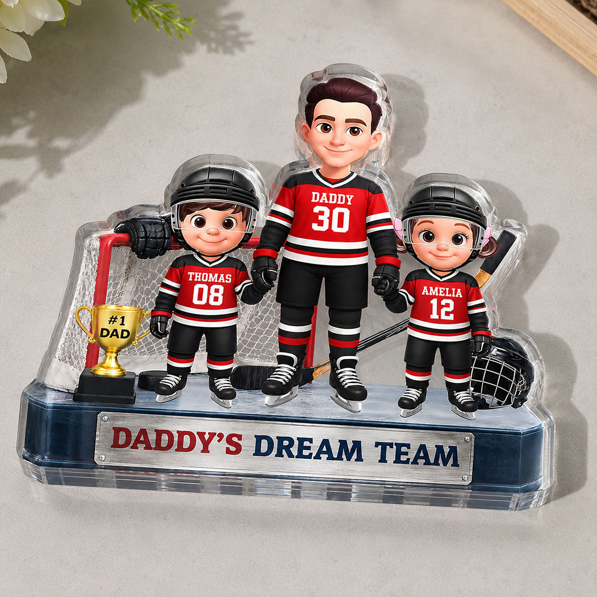 Daddy's Dream Team Hockey Dad & Kids - Personalized Acrylic Block Plaque - Father's Day Gift For Dad, Husband