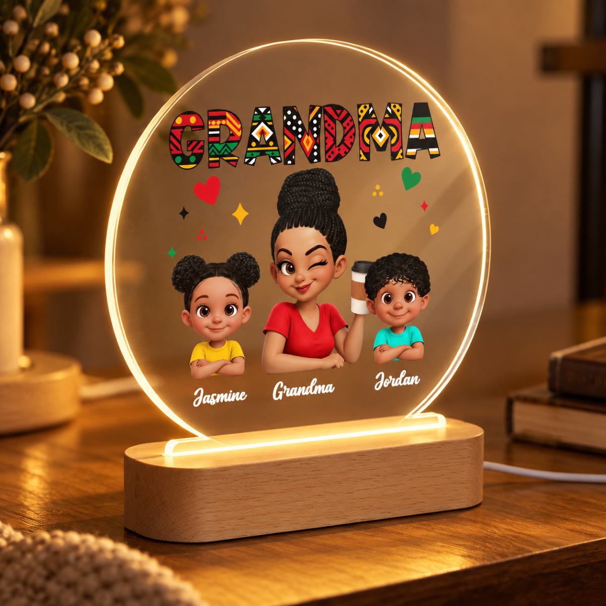 Tribal Pattern Grandma Grandkids Love - Personalized Circle Plaque LED Night Light - Gift For Grandma