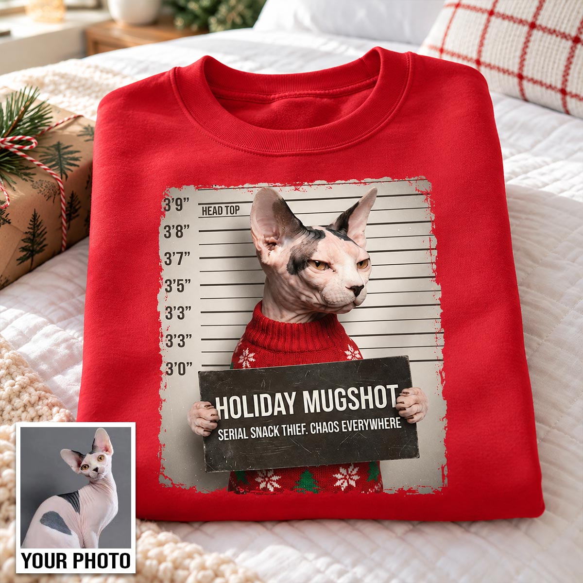 Funny Pet Holiday Mugshot Upload Pet Photo - Personalized Shirt - Iconic Christmas Gift For Pet Lovers