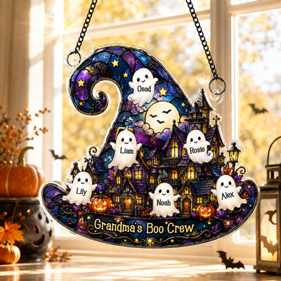Halloween Village Witch Hat Grandma - Personalized Acrylic Window Hanging - Halloween Decor Gift, Gift For Grandma