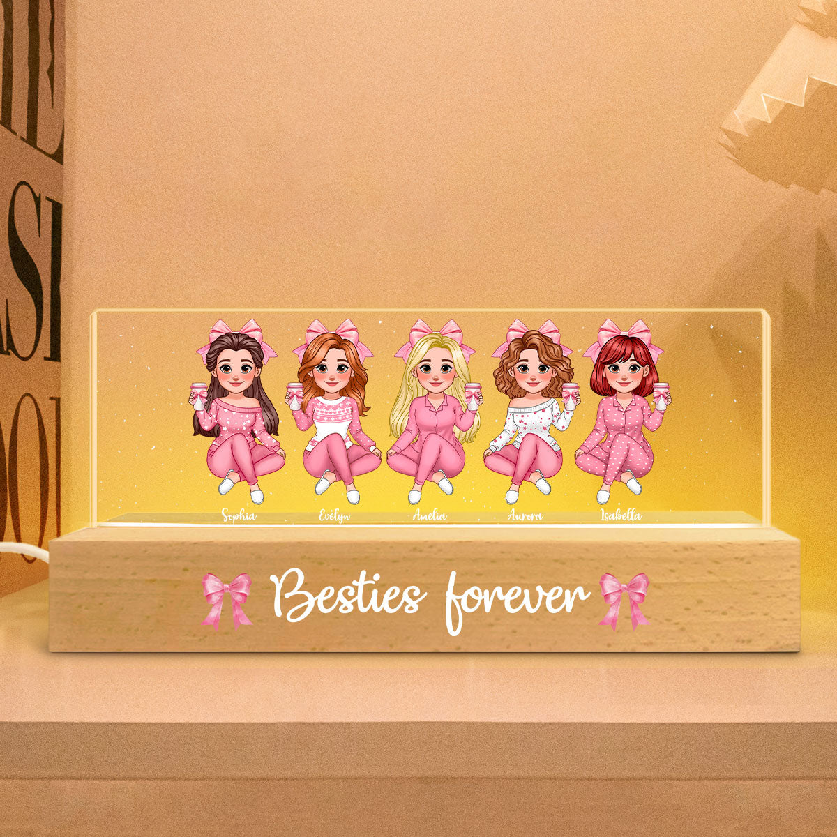 Coquette Animated Pink Besties Personalized Acrylic Block LED Night Light, Gift For Best Friends