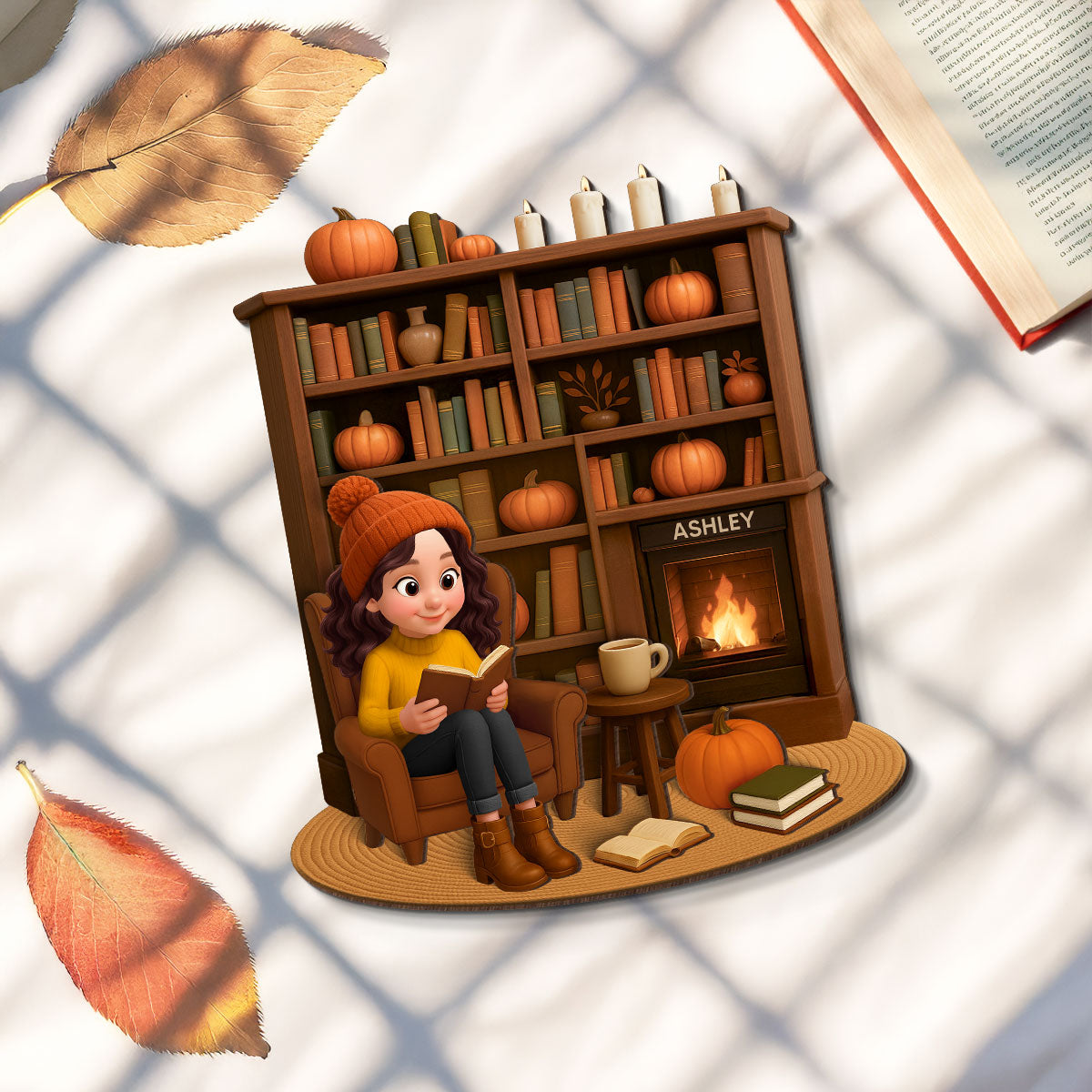 Fall Girl Reading Book Cozy Bookself Personalized 2-Layer Wooden Plaque