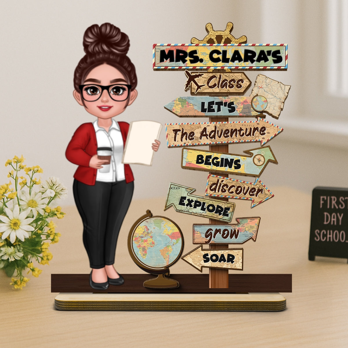 Let's The Adventure Begins Personalized 2-Layer Standing Wooden Plaque, Classroom Decoration, Desk Decor