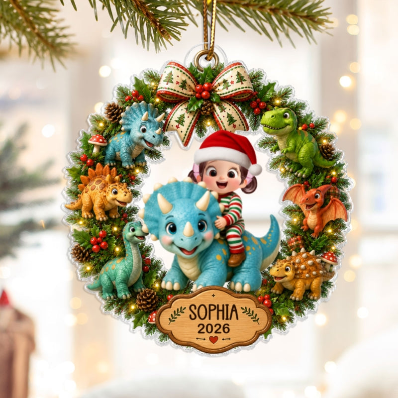 Trending Cute Cartoon Kid With Dinosaur - Personalized Acrylic Ornament - Christmas Gift For Boys, Girls