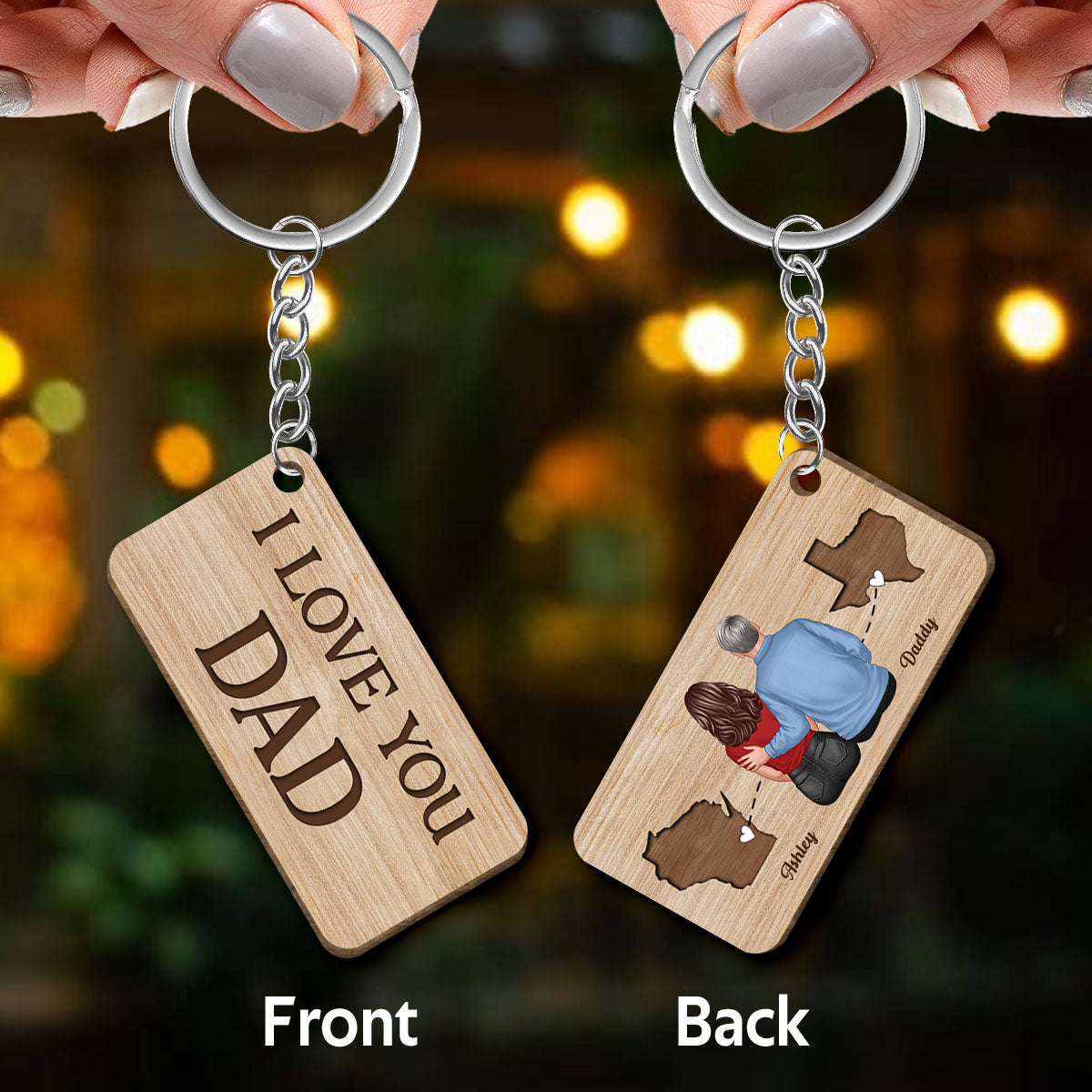 Long Distance I Love You Dad Back View Dad And Daughter Son Personalized Wooden Keychain