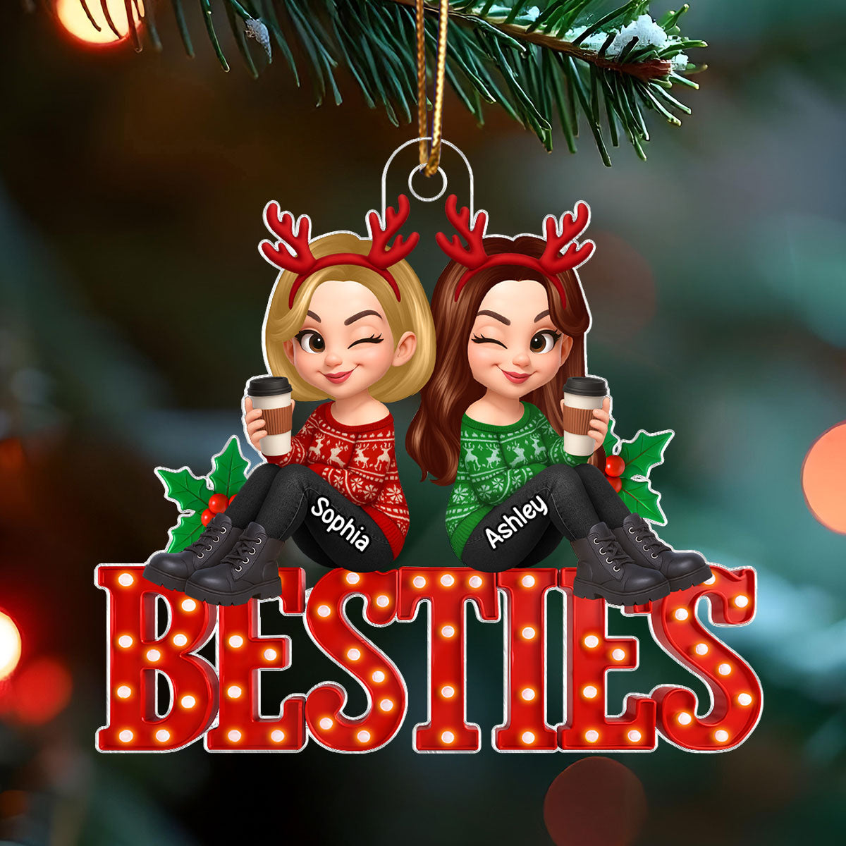 Christmas Besties Sisters Sitting On Marquee LED 3D Effect Personalized Acrylic Ornament