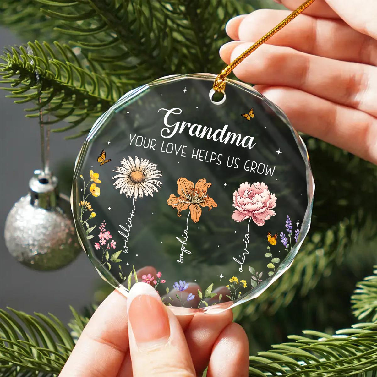 Grandma Your Love Helps Us Grow Birth Month Flowers Personalized Glass Ornament